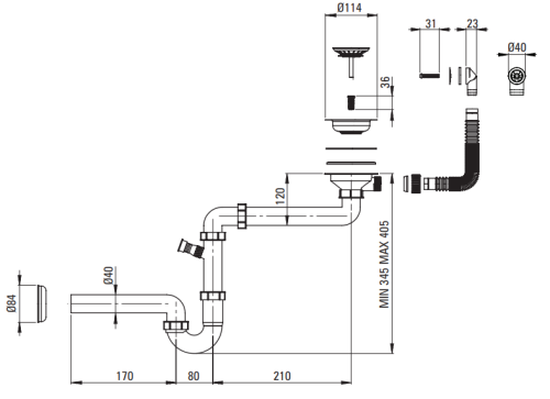 Syfon do zlewozmywaka granitowego 1-komorowego ZXY_9949
