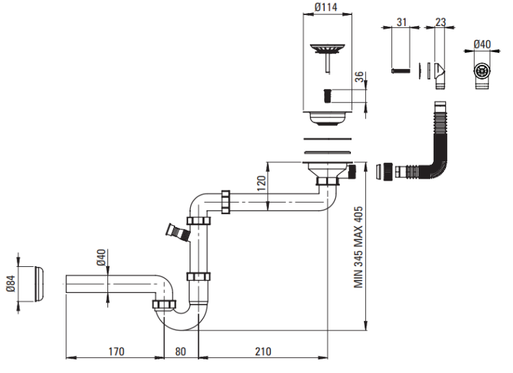 Syfon do zlewozmywaka granitowego 1-komorowego ZXY_9949