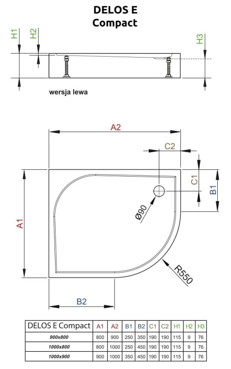 Brodzik asymetryczny Radaway Delos E Compact 90x80x11,5 lewy