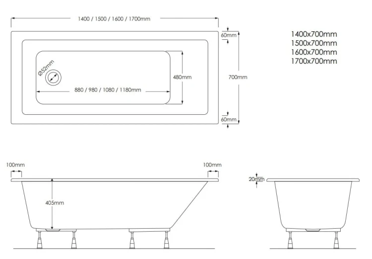 Wanna prostokątna MILOS 150x70cm. Schedpol