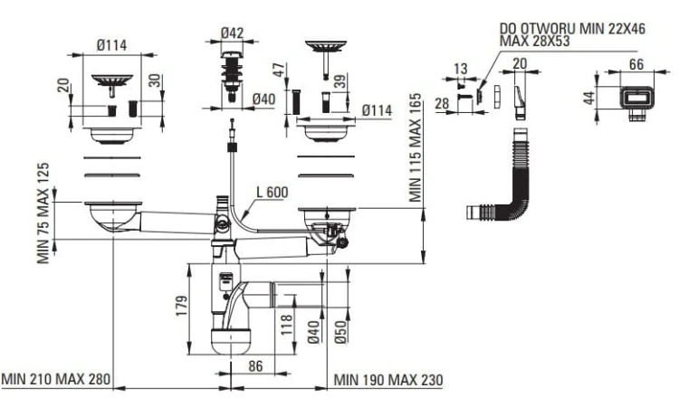Zlewozmywak granitowy magnetyczny 2-komorowy z ociekaczem Magnetic Deante