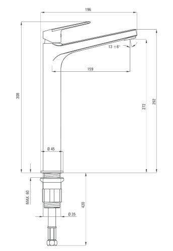 Deante Jasmin Nero Bateria umywalkowa stojąca z podwyższonym korpusem bez zamknięcia odpływu