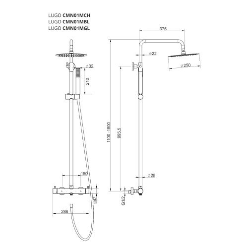 Zestaw natryskowy kolumna prysznicowa corsan lugo deszczownica 25cm złoto szczotkowane