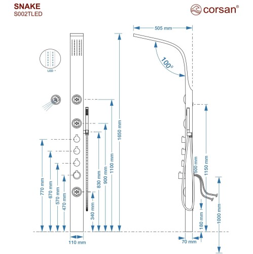 Panel prysznicowy corsan snake termostat stal gunmetal deszczownica led