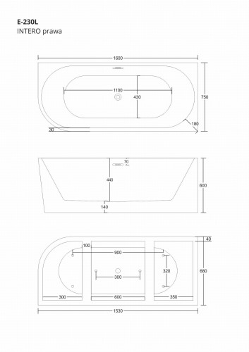 Wanna narożna corsan intero prawa 160 cm z wykończeniem różowe złoto