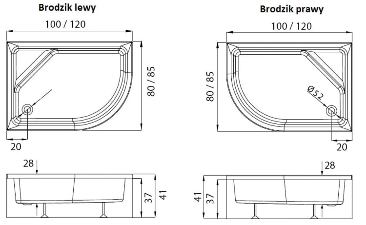 Brodzik asymetryczny New Trendy New Maxima 100x80x41 prawy + obudowa