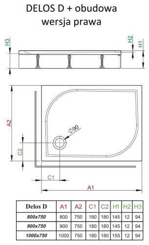Brodzik prostokątny Radaway Delos D z obudową 90x75 prawy