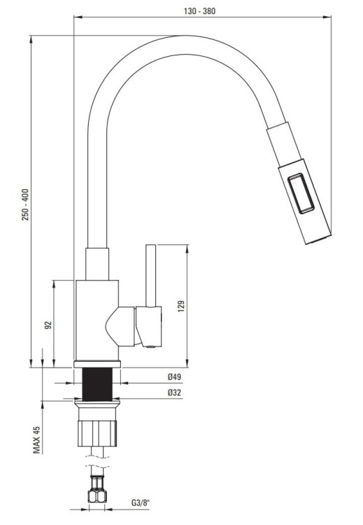 Bateria kuchenna z giętą wylewką nero stal Luno Deante