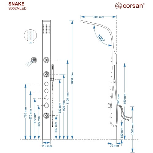 Corsan snake s002 mieszacz czarna stal deszczownica led