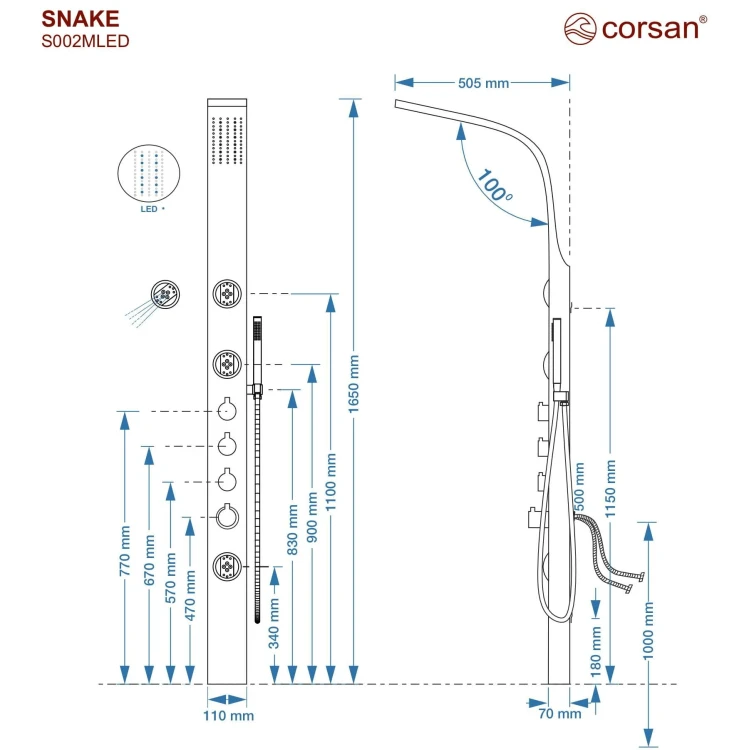 Corsan snake s002 mieszacz czarna stal deszczownica led