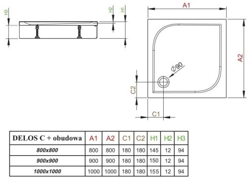 Brodzik kwadratowy Radaway Delos C z obudową 100x100x15,5x1,2