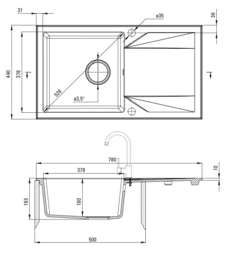 Zlewozmywak granitowy 1-komorowy z ociekaczem nero Evora Deante