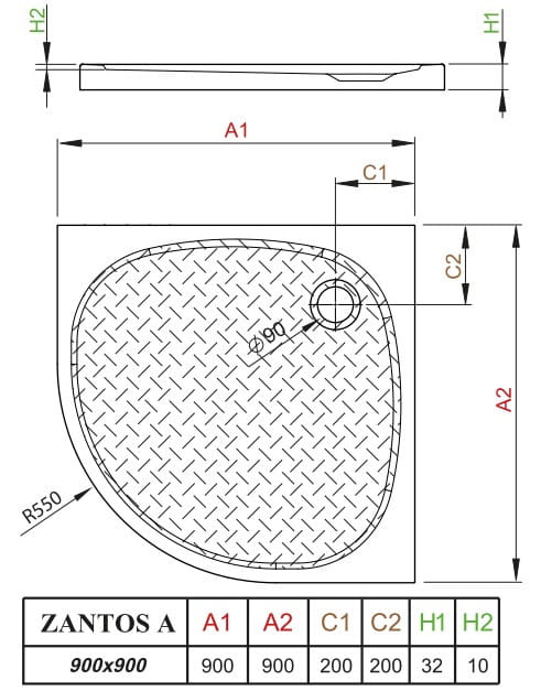 Brodzik płytki półokrągły Radaway Zantos A 90x90x3,2x1,0