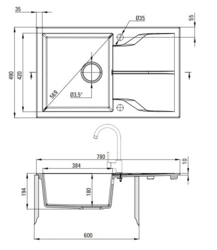 Zlewozmywak granitowy 1-komorowy z ociekaczem grafit metalik Andante