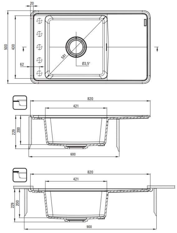 Zlewozmywak granitowy 1-komorowy antracyt metalik Momi Deante