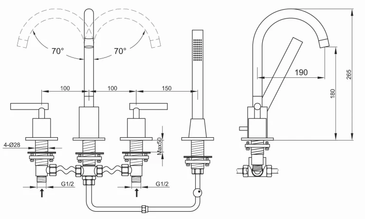 Bateria wannowa 4-otworowa KOHLMAN Roxin QB240R