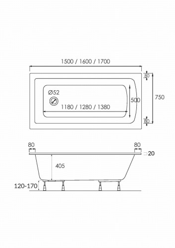 Wanna prostokątna PRAIA 170x75cm. Schedpol