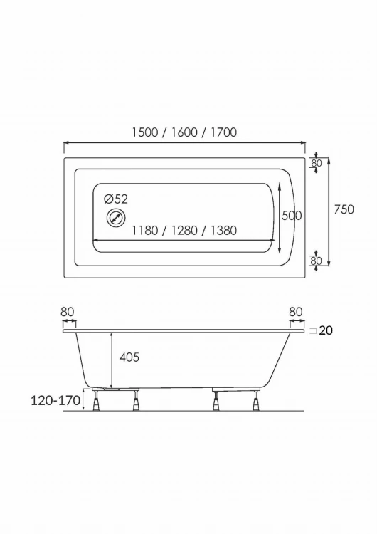 Wanna prostokątna PRAIA 170x75cm. Schedpol
