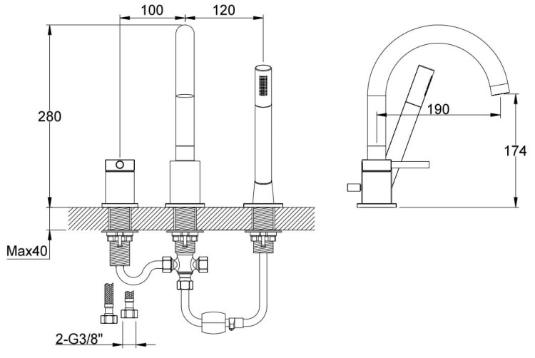 Bateria wannowa 3-otworowa złota Axel Gold KOHLMAN QB241AGD