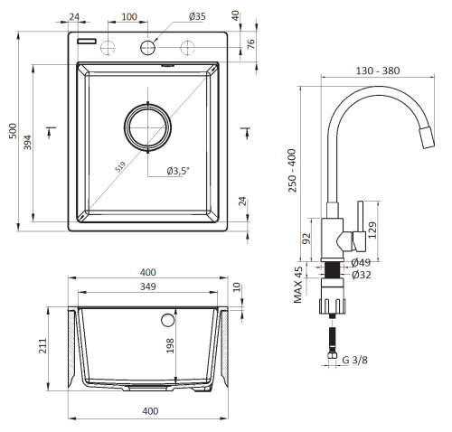 Zlewozmywak granitowy z baterią 1-komorowy piaskowy Corio Deante