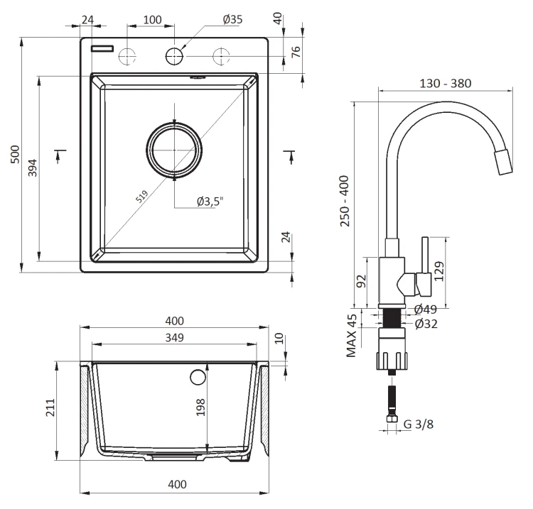 Zlewozmywak granitowy z baterią 1-komorowy piaskowy Corio Deante