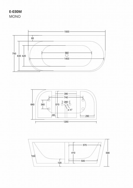 Wanna przyścienna wolnostojąca corsan e030 mono 150 cm z szeroką krawędzią i wykończeniem białym