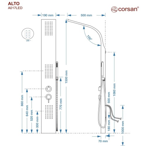Panel prysznicowy corsan alto termostat czarny deszczownica led