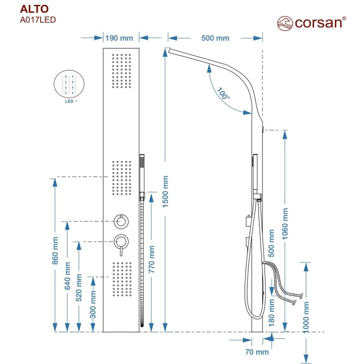 Panel prysznicowy corsan alto termostat czarny deszczownica led