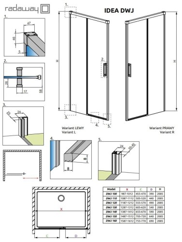 Drzwi prysznicowe Idea Brushed Nickel DWJ Radaway lewe przejrzyste