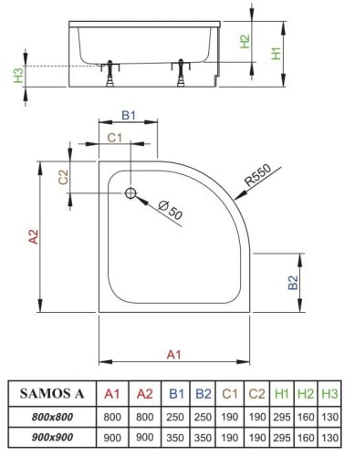 Brodzik półokrągły Radaway Samos A 80x80x29,5x16