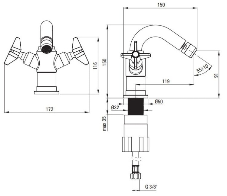Bateria bidetowa stojąca chrom Temisto Deante