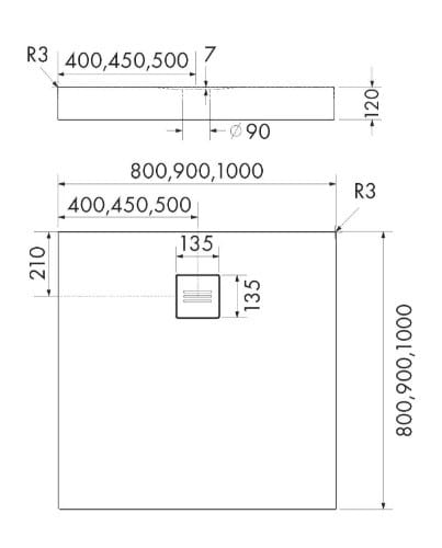 Brodzik kwadratowy NONLIMITS Black Stone 80x80 Schedpol Schedline, czarny - odpływ na środku