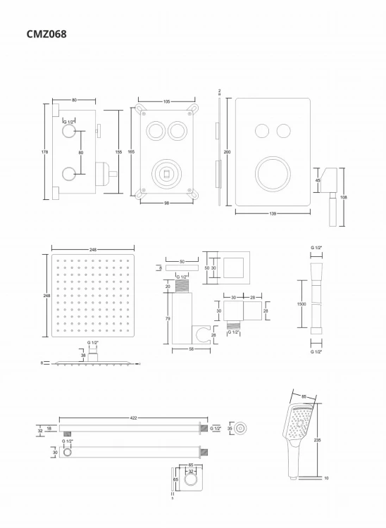 Zestaw prysznicowy podtynkowy corsan box przyciskowy deszczownica 25cm chrom