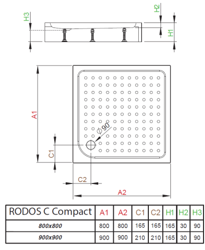 Brodzik kwadratowy Radaway Rodos C Compact 90x90x16,5x3