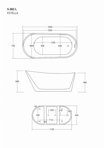 Wanna wolnostojąca corsan estella 160 cm z wykończeniem czarnym