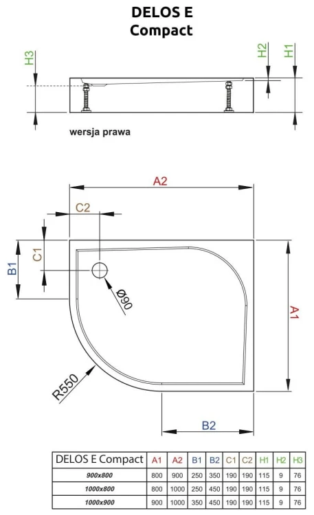 Brodzik asymetryczny Radaway Delos E Compact 90x80x11,5 prawy