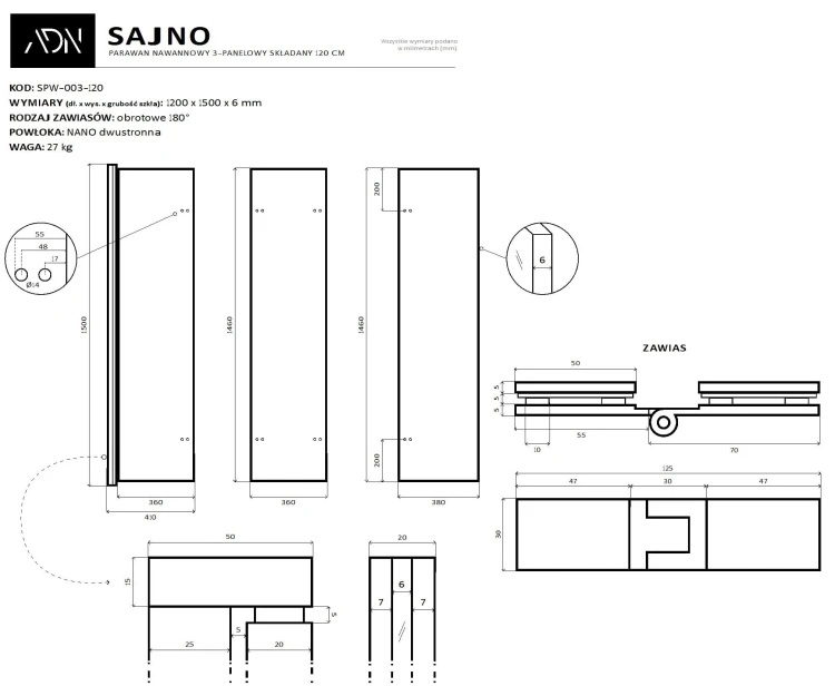Parawan nawannowy składany Sajno 120x150 złoty Ad Naturalnie