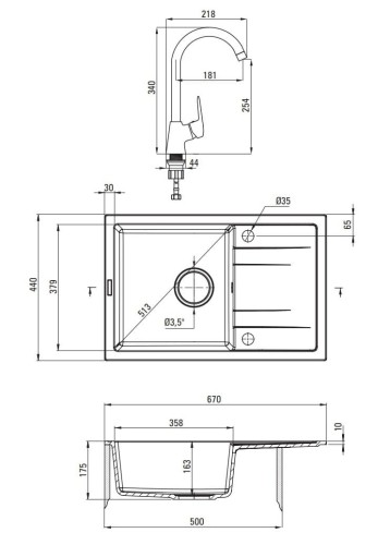 Zlewozmywak granitowy 1-komorowy Corio Deante grafit bateria dozownik