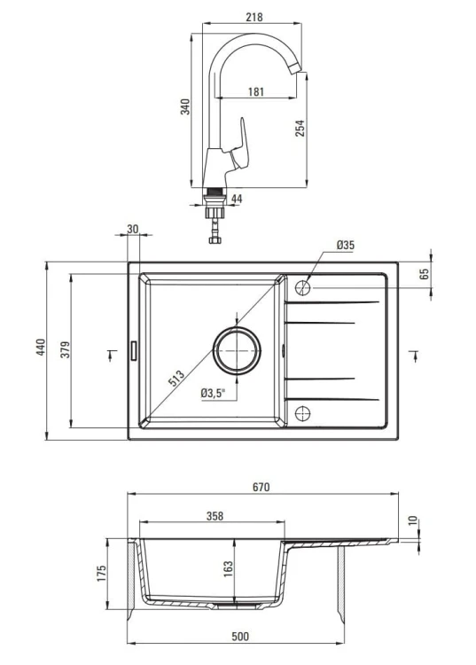 Zlewozmywak granitowy 1-komorowy Corio Deante grafit bateria dozownik