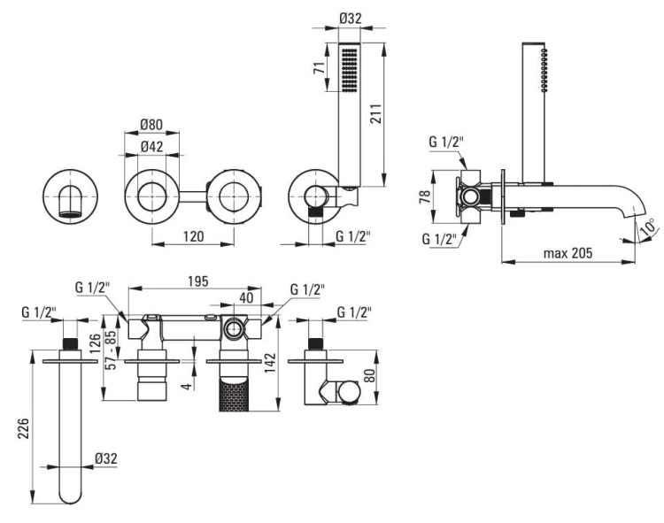 Bateria wannowa 4-otworowa stal szczotkowana Silia Hexa Deante