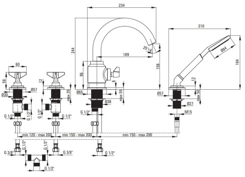 Bateria wannowa 4-otworowa Deante Temisto z zestawem prysznicowym