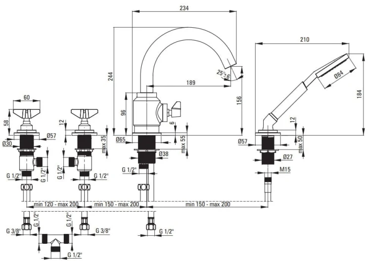 Bateria wannowa 4-otworowa Deante Temisto z zestawem prysznicowym