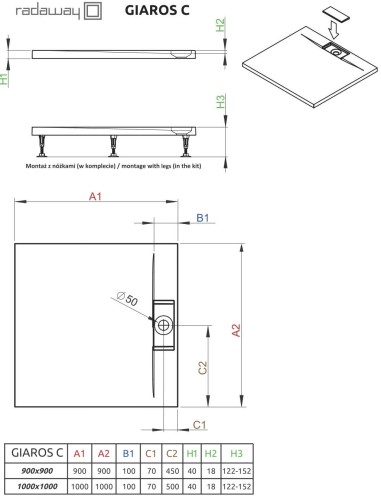 Brodzik kwadratowy Radaway Giaros C 90x90x4x1,8