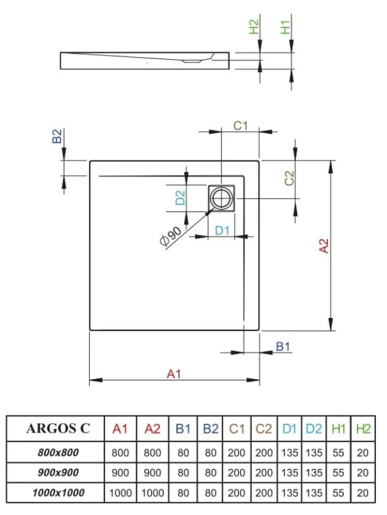 Brodzik kwadratowy Radaway Argos C 80x80x5,5x2