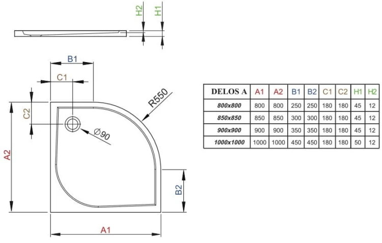 Brodzik płytki półokrągły Radaway Delos A 85x85x4,5x1,2
