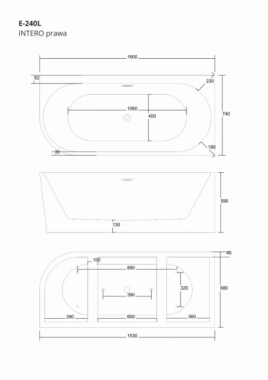 Wanna narożna corsan intero prawa 160 cm z szeroką krawędzią i wykończeniem białym