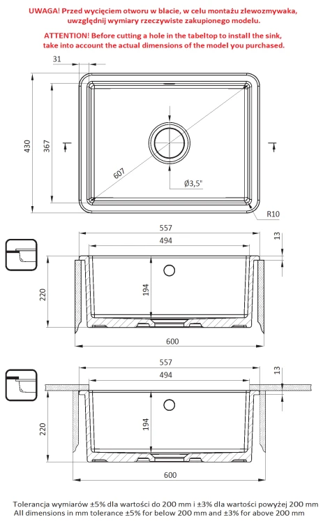 Zlewozmywak ceramiczny 1-komorowy biały Lumi Deante