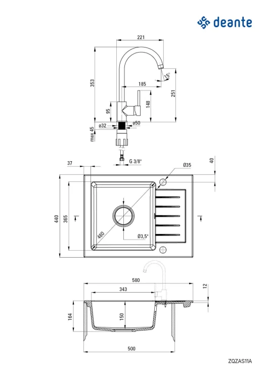 Zlewozmywak granitowy z baterią 1-komorowy z ociekaczem Zorba Deante