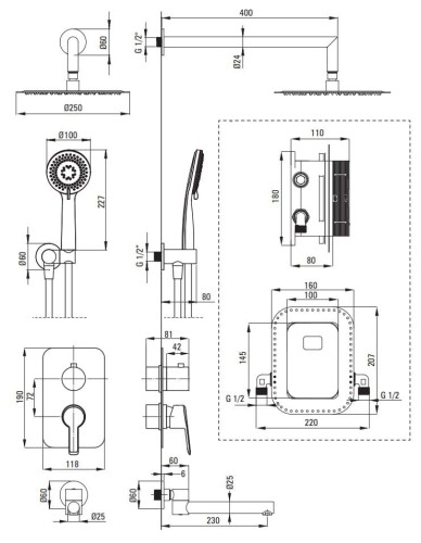 Zestaw prysznicowy podtynkowy z wylewką wannową Arnika Deante złoty