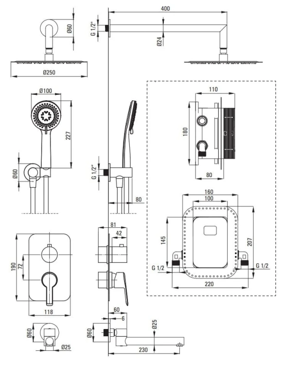 Zestaw prysznicowy podtynkowy z wylewką wannową Arnika Deante złoty